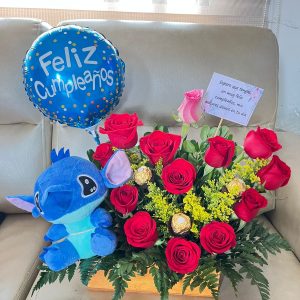 Corazón pequeño con ferrero, peluche y globo